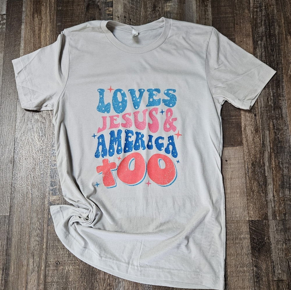 Womens Graphic Tee - Loves Jesus & America Too - White
